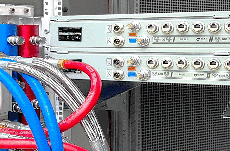 Patented LiquidCool Solutions immersion cooling system on a standard vertical server rack