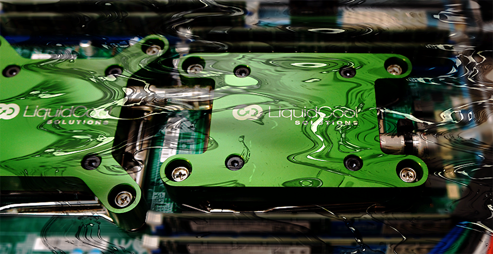 Close-up view of direct-to-chip immersion cooling technology